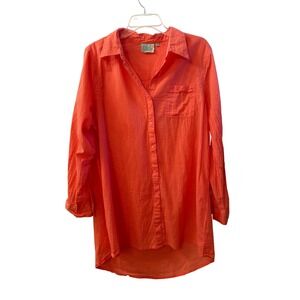 True Destinations Coral Orange Cotton Roll Tab Coastal Tunic Shirt Womens Large